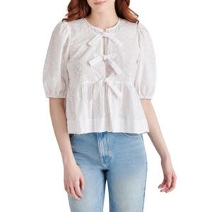 Steve Madden Paula Top Puff Sleeve Tie Front color Cotton Eyelet